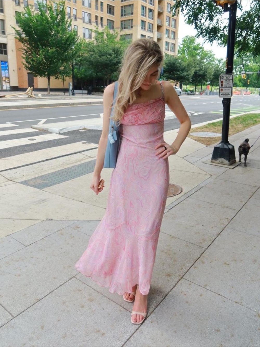 LoveShackFancy Pink Marble-Print Maxi Dress with loose flared fishtail hem